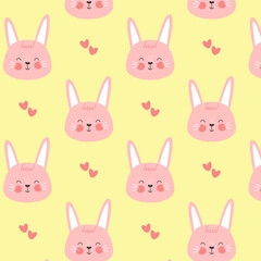 Playful rabbit seamless pattern, vector illustration featuring kawaii bunny faces, hearts, and soft pastel colors for children's design, fabric, and baby products