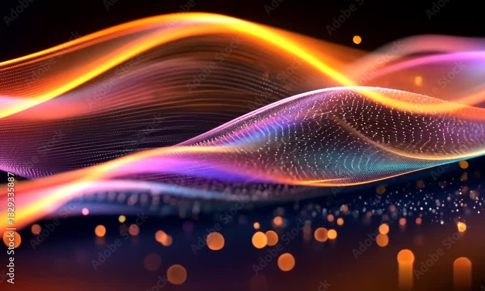 Poster dynamic abstract background with colorful waves and glimmering particles creating an engaging atmosp