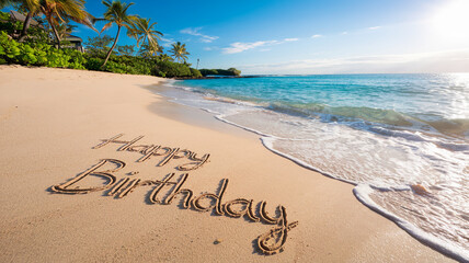 Happy Birthday message written in sand on a tropical beach, with ocean waves and palm trees in the background, conveying a celebratory and relaxing atmosphere