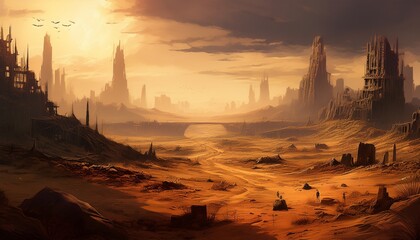 A vast, dry wasteland with the skeleton of a fallen city in the distance. The air thick with dust, creating an eerie, desolate atmosphere, where time seems to have stood still.

