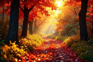 Sun-dappled path through golden leaves, vibrant red and orange foliage , stunning, sunshine, october