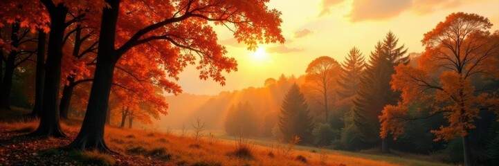 Naklejka premium Sunlit autumn treetops, soft focus, fall forest sky Copy space , nature, golden