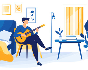 Fototapeta premium Young man playing guitar creatively in his bedroom with sheet music on the table in soft blue and yellow tones