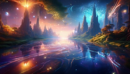 Obraz premium A vast utopian sanctuary where emotions take the form of glowing auras, and harmony is the main force that binds every living being together in perfect balance, creating a serene, radiant world. 