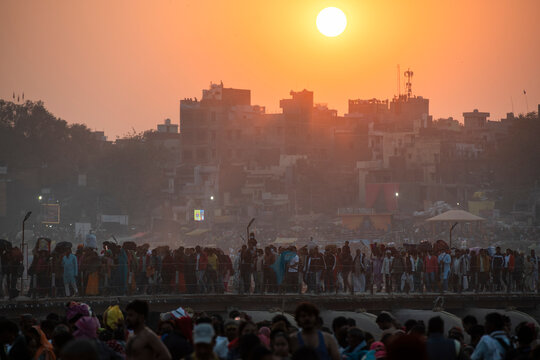 Prayagraj, India - January 2025: View of people gathering for Prayag Kumbh Mela, a holy festival for devotes happening in Triveni Sangam in Prayagraj, Uttar Pradesh, India.