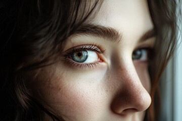 Fototapeta premium Close-up of young caucasian female with blue eyes and brown hair