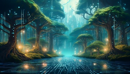 Obraz premium A vast digital rainforest where trees grow with embedded circuits, glowing softly with an otherworldly light, blending nature with technology in a harmonious, futuristic ecosystem. 