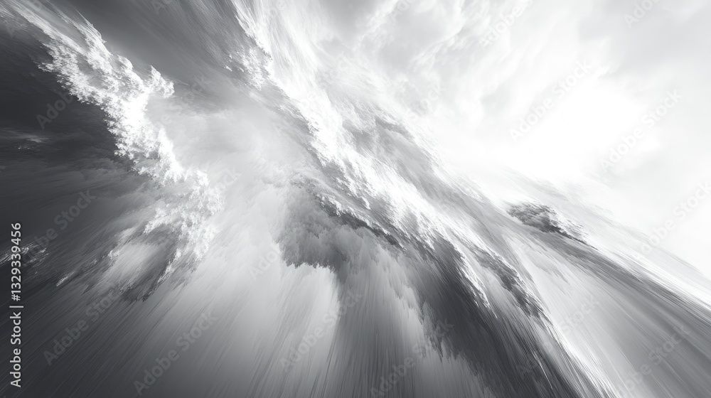 Poster abstract black and white digital art representing clouds and dramatic sky in motion with dynamic bru