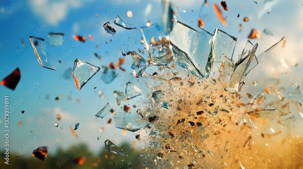 Poster shattered glass fragments exploding in bright blue sky with sandy background creating dynamic action