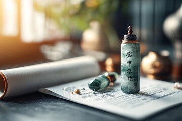 A traditional jade seal with a carved handle, resting on a scroll of parchment in a historical setting