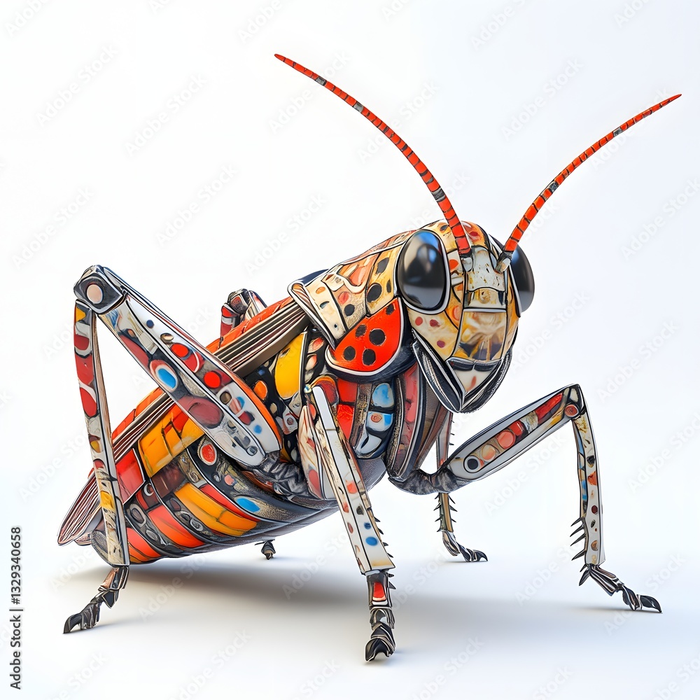 Poster a vibrant and colorful grasshopper sculpture. detailed artwork with rich colors and patterns. detail