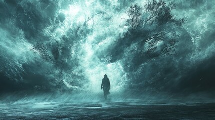 Mysterious Figure Walking Through a Stormy Landscape Under Dramatic Cloudy Sky