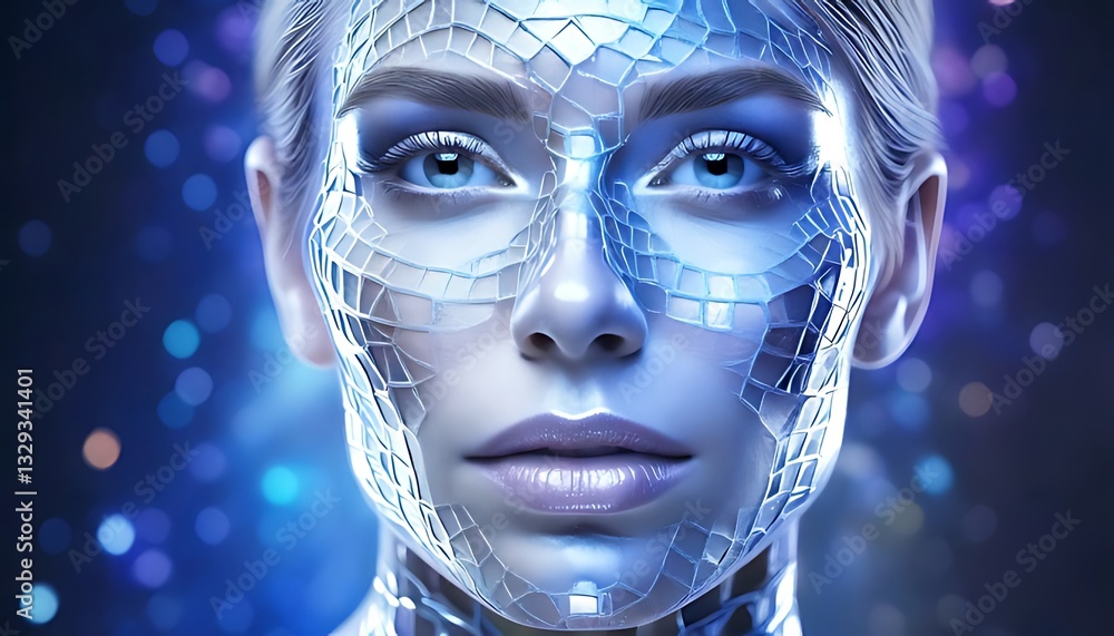 Poster futuristic digital transformation event featuring human-machine interface in sci-fi setting