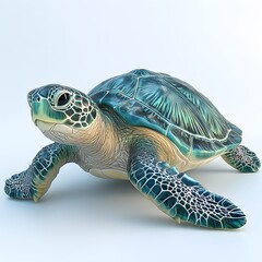 Fototapeta premium A detailed 3D render of a green sea turtle, showcasing its vibrant colors and intricate shell. The image is a visual masterpiece. Detailed Animal isolated on white background.