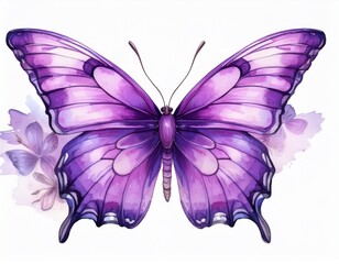 Generated image Violet butterfly on isolated white background, watercolor illustration, lilac beautiful 