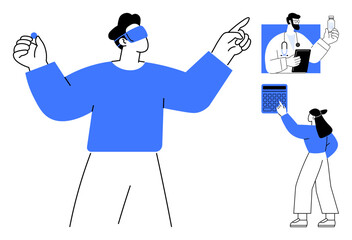 Person using VR headset interacting with virtual elements, doctor examining test results, and woman using calculator. Ideal for innovation, technology, healthcare, education, multitasking, modern