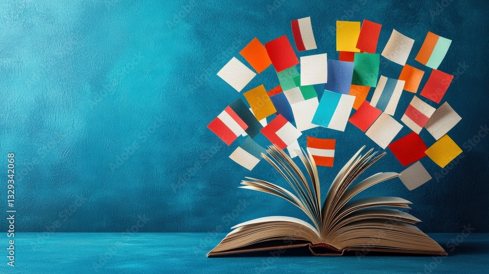 Poster an open book with colorful flags emerging from the pages, symbolizing international language learnin