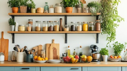Cozy and inviting kitchen with a neatly arranged steel hanging grid showcasing cooking essentials