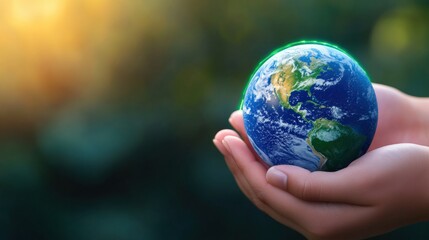 Fototapeta premium A person holds a small globe in their hands, symbolizing care for the planet, surrounded by a soft, blurred green background.