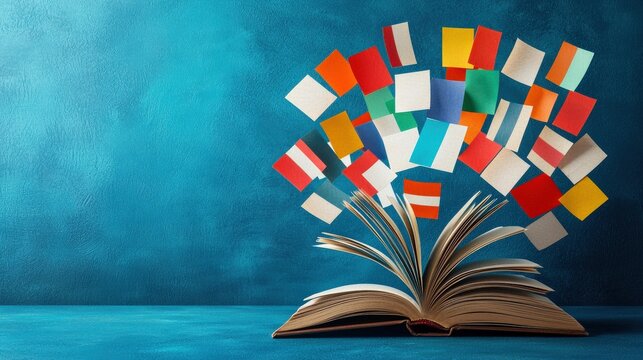An open book with colorful flags emerging from the pages, symbolizing international language learning.