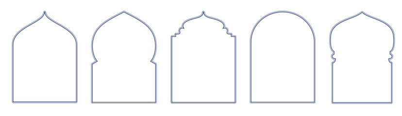 Line islamic windows, mosque doors isolated on white. Ramadan or Al-Adha decoration, holiday frames. Vertical format for cards or social media. Transparent background in vector file.