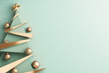 Fototapeta premium An abstract interpretation of a Christmas tree made from geometric shapes in shades of green and gold, with subtle glowing ornaments scattered throughout