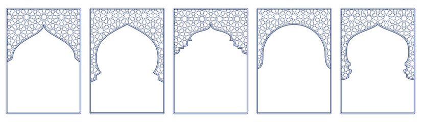 Line islamic windows, mosque doors with traditional pattern. Ramadan or Al-Adha golden decoration, holiday frames. Vertical format for cards or social media. Transparent background in vector file.