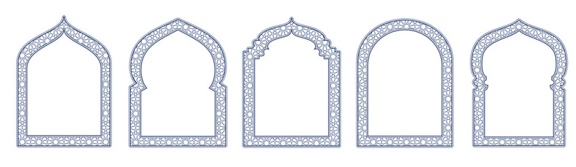 Line islamic windows, mosque doors with traditional pattern. Ramadan or Al-Adha golden decoration, holiday frames. Vertical format for cards or social media. Transparent background in vector file.