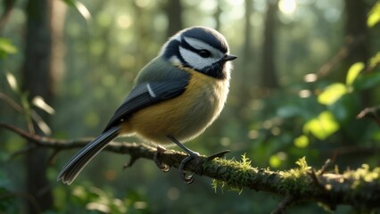 Fototapeta premium Blue tit perched on a mossy branch in a sunlit forest during early morning