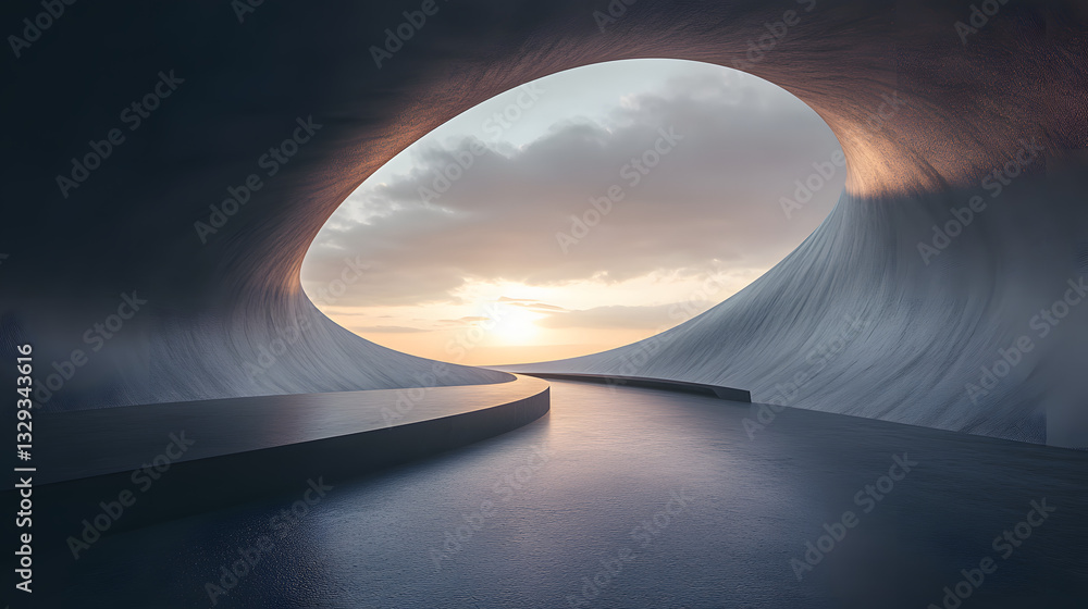Poster a mysterious tunnel surrounded by abstract geometric textures and smooth lines evoking a sense of de
