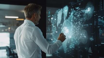 A focused businessman in a white shirt analyzing data on a futuristic touchscreen He appears determined, engaged in a modern office environment with a glowing digital map