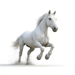 Fototapeta premium A breathtaking 3D rendering of a majestic white stallion in mid-stride, showcasing its raw power and grace. Detailed Animal isolated on white background. Majestic White Horse