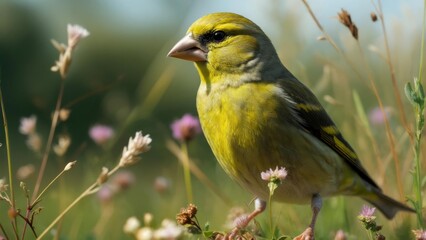 Obraz premium Vibrant green bird foraging among wildflowers on a sunny day in spring