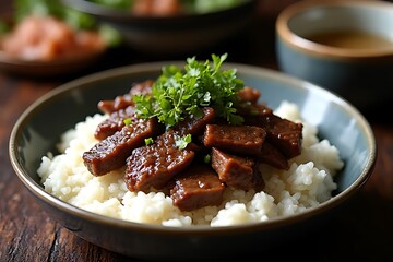 Delicious beef stir fry on rice cozy kitchen food photography warm lighting culinary art