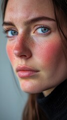 Obraz premium Close-up portrait of young caucasian female with freckles and blue eyes
