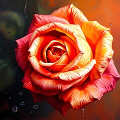 Classic Oil Painting of a Rose with Raindrops – Rich Textures & Warm Hues