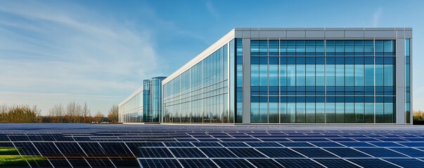 Large modern office building with solar panels in the foreground