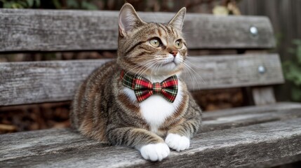 Stylish Cat in Plaid Bow Tie Sitting on Rustic Bench Outdoors