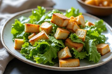 Healthy salad with grilled tofu home kitchen food photography bright natural light