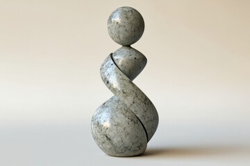 A captivating marble sculpture featuring a twisted design and spherical elements, showcased against a neutral backdrop with soft, even lighting.