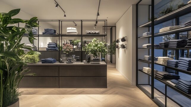 Elegant iron shelves in a high-end fashion boutique displaying neatly folded clothing and accessories