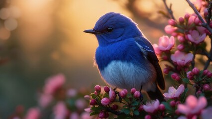 Obraz premium Vibrant blue bird perched on blooming pink flowers during sunset
