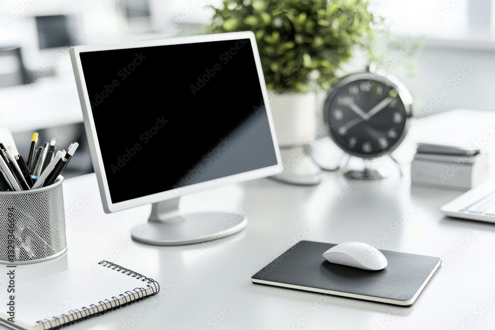 Poster a bright and modern office desk setup with a computer, stationery, and an analog clock, creating a c