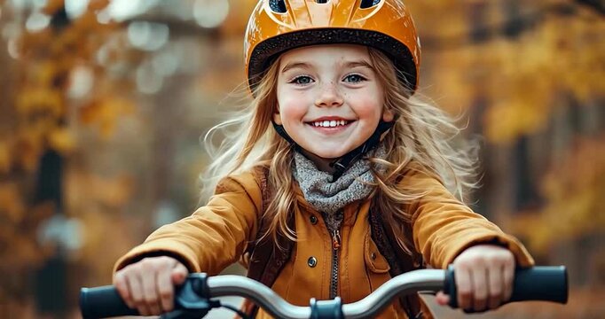 Child cyclist in autumn forest, safety first, joyful ride, outdoors fun