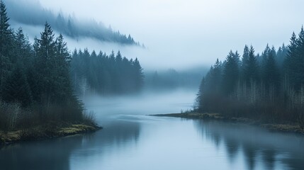 Fototapeta premium A peaceful river flowing through a dense, foggy forest. digital