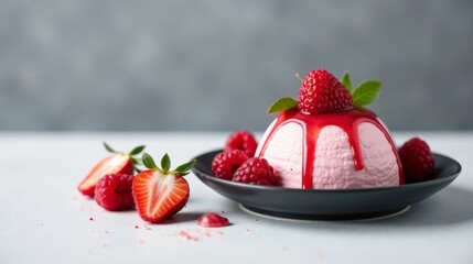 Delectable Pink Dessert Topped with Raspberry Glaze and Fresh Berries on a Dark Plate
