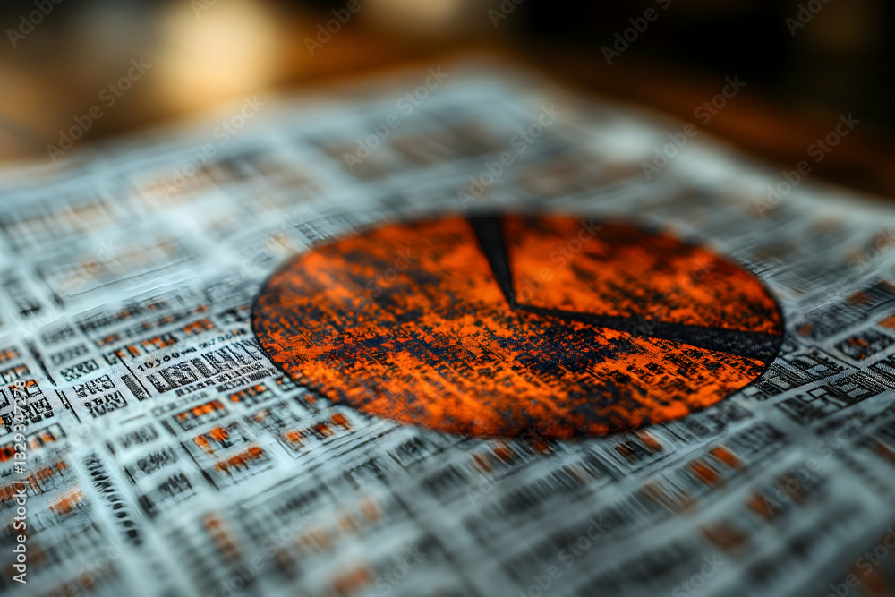 Poster close-up of a textured pie chart printed on a paper with dense data, suggesting financial or statist