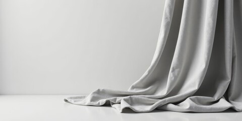 Draped Light Gray Fabric on a White Surface Creates a Simple, Elegant, and Minimalist Scene Ideal for Product Displays or Backgrounds