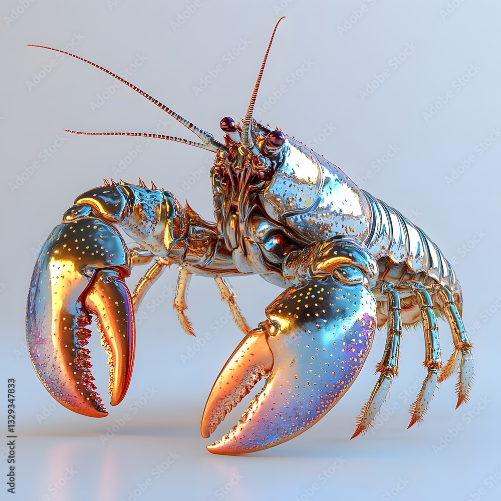 Poster a stunning 3d rendering of a metallic lobster. its chrome shell reflects light beautifully. detailed