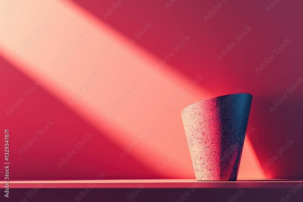 Poster abstract red room with a unique rock vase, illuminated by a strong light beam, creating a modern and